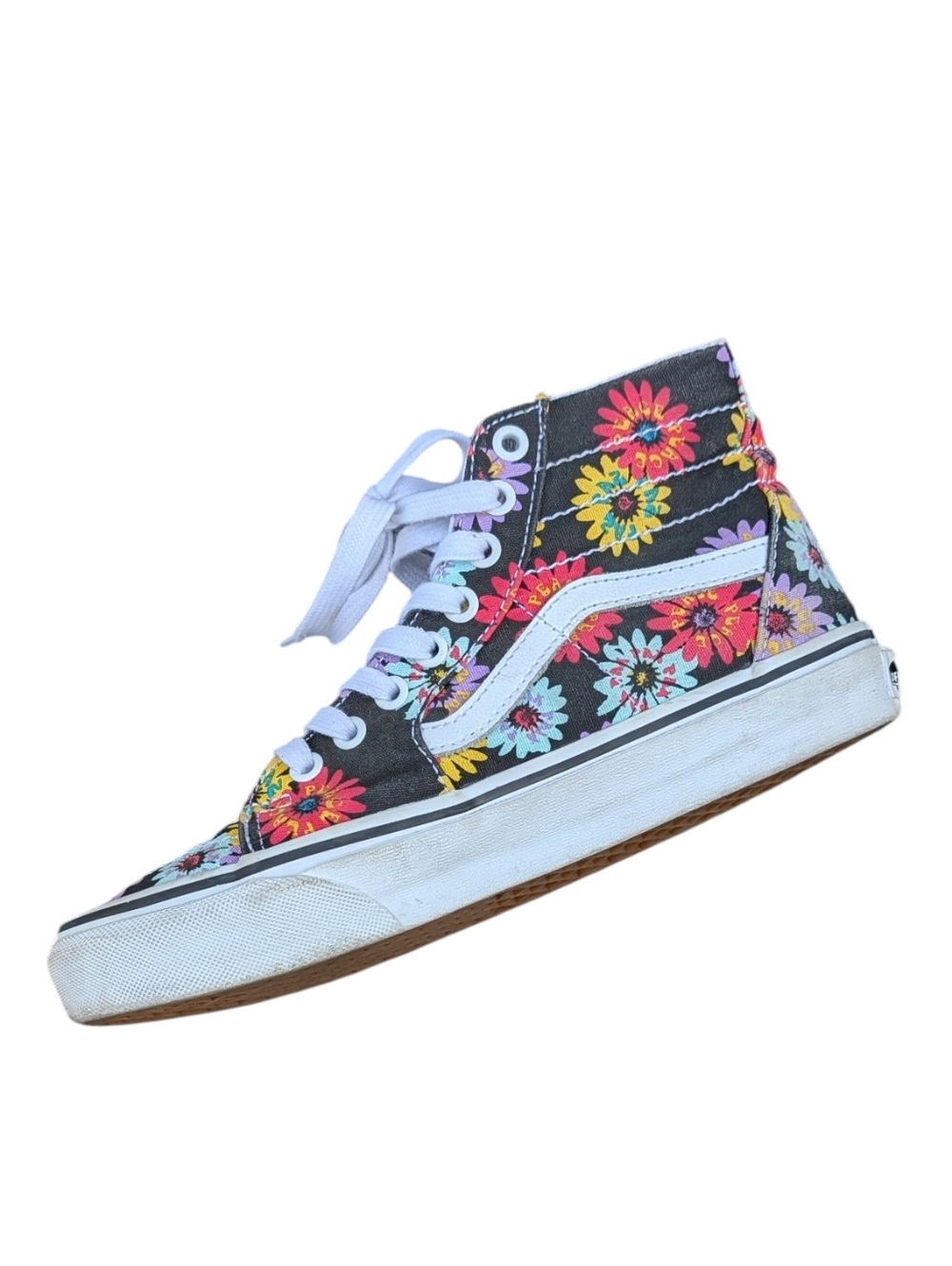 Vans, Peace Flower Black High Top Sneakers.  Unisex Size 8 Women's, Size 6.5 Men